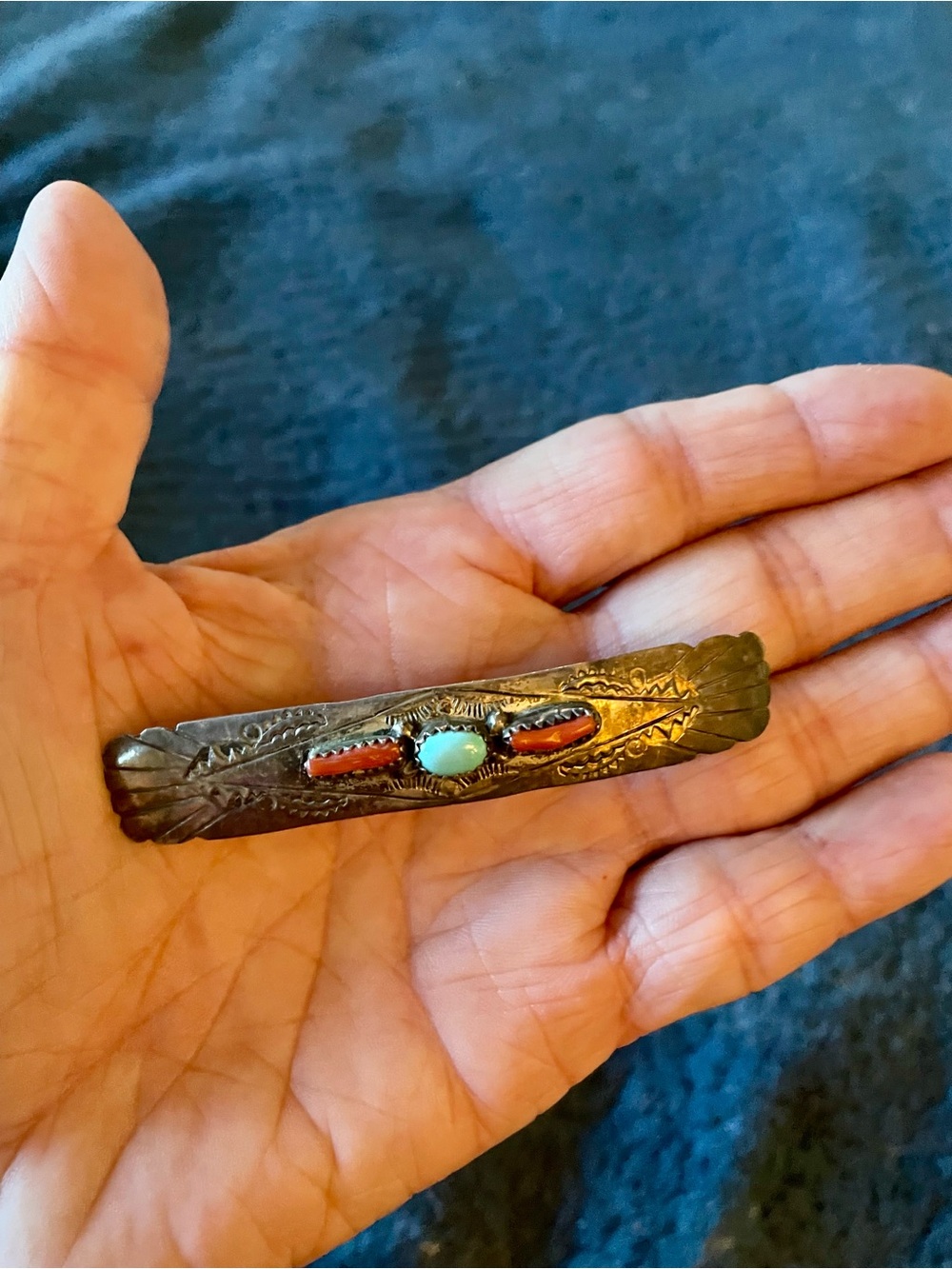 Vintage Native American Turquoise and Coral Sterling Silver Hair Clip - Picture 4 of 4
